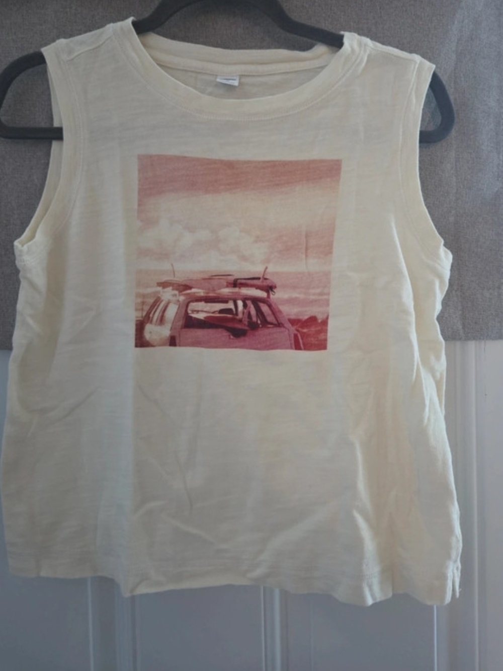 Old Navy Cream Tank Top with Pink Surf Car Graphic